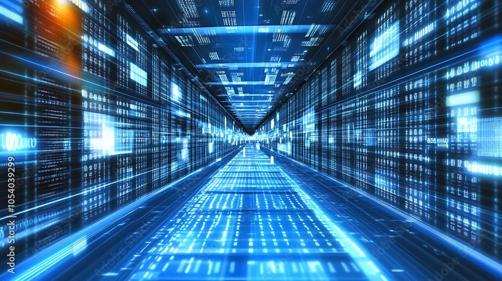 Fototapeta premium A futuristic digital corridor filled with glowing data and binary code.