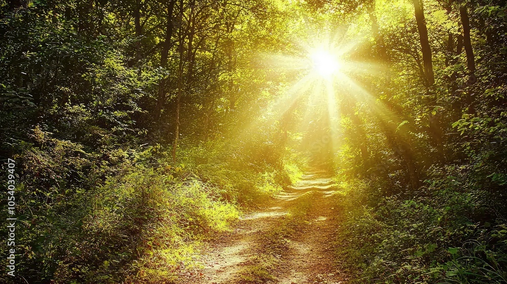 Obraz premium Sunlit Hiking Trail in a Lush Forest Setting