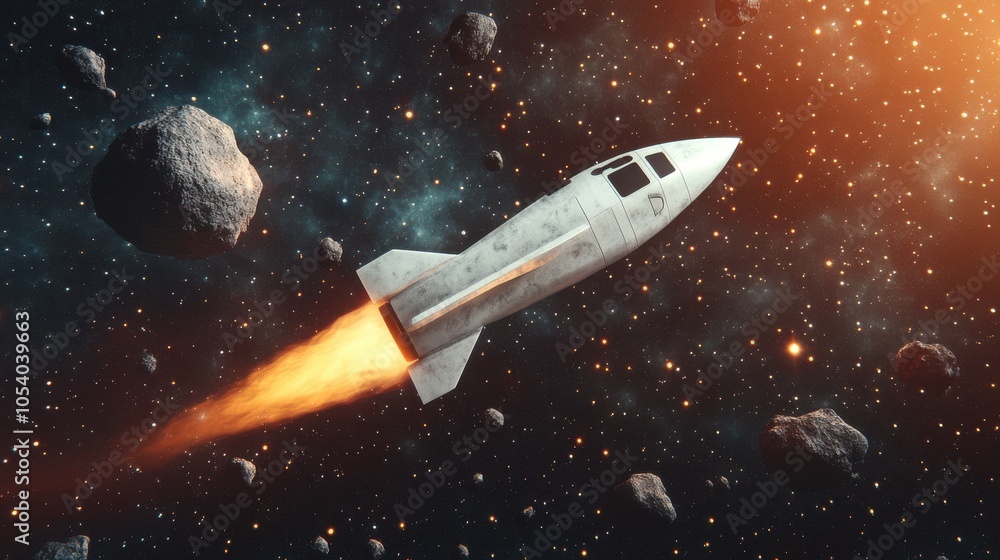 Fototapeta premium Cartoon Spaceship Zooming Through Asteroids in Space