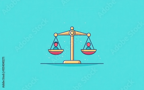 A flat art style illustration of a business balance scale, depicting male and female employees evenly placed on each side.  photo