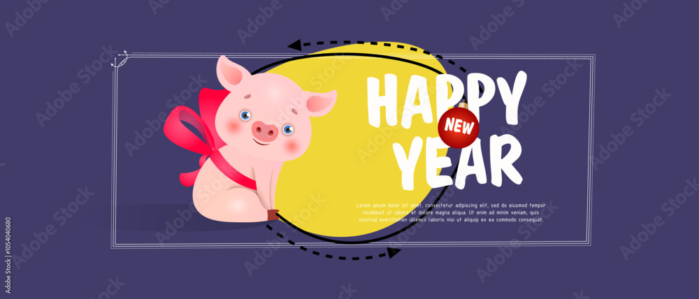 Happy New Year lettering and piglet with bow. New Year Day greeting card. Handwritten text, calligraphy. For leaflets, brochures, invitations, posters or banners. Happy New Year lettering and piglet with bow. New Year Day greeting card. Handwritten text, calligraphy. For leaflets, brochures, invitations, posters or banners.