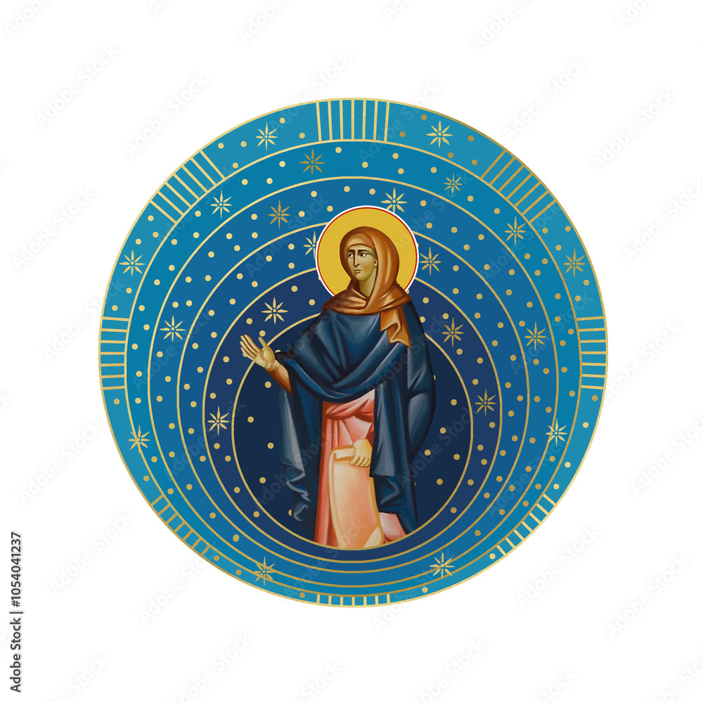 Fototapeta premium Anna the Prophetess. Starry sky round illustration in Byzantine style