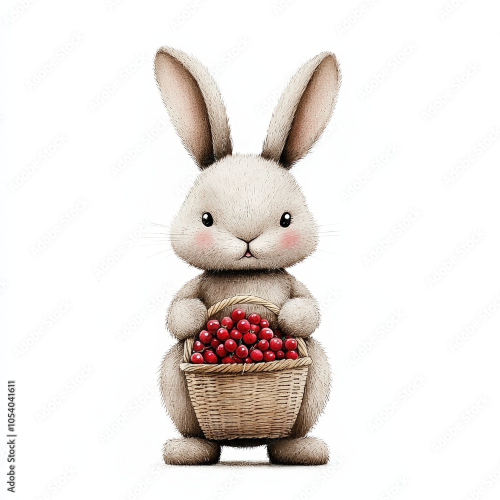 Obraz premium Cute bunny holding a basket of berries.