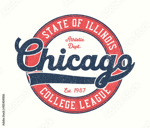 Chicago t-shirt design. Illinois college league tee shirt with inscription with swash. Graphics for athletic clothes. Grunge print for vintage sport apparel. Vector.