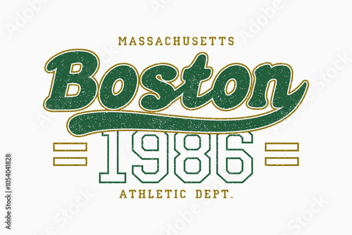 Boston, Massachusetts t-shirt design. College league style tee shirt with inscription with swash. Graphics for athletic clothes. Grunge print for vintage sport apparel. Vector.