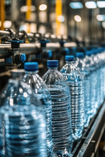 Bottles of water are being produced on a conveyor belt. The bottles are clear and blue, and they are lined up in a row
