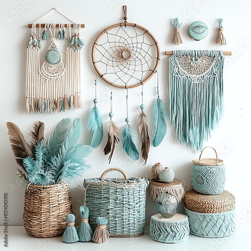 Dreamcatchers and boho decor, white background photo