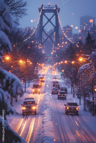 Cars drive through snowy streets illuminated by streetlights, with a lit bridge in the background during twilight. photo