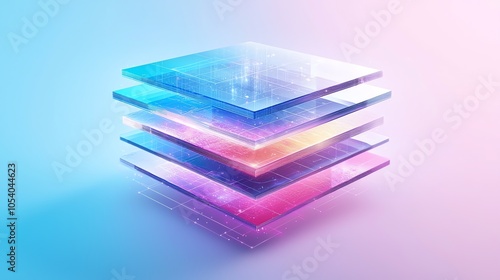 ETL process visual as stacked data layers transforming shapes, vibrant pastel color, isolated background