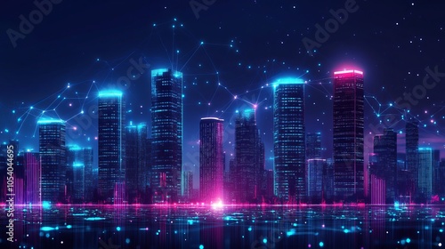 Futuristic Smart City with Glowing Particle Light Connections, Advanced Urban Technology Network