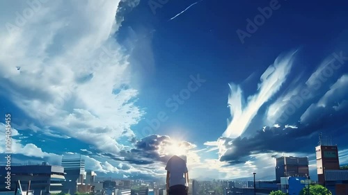 An anime sky timelapse with a teenager boy standing at the center