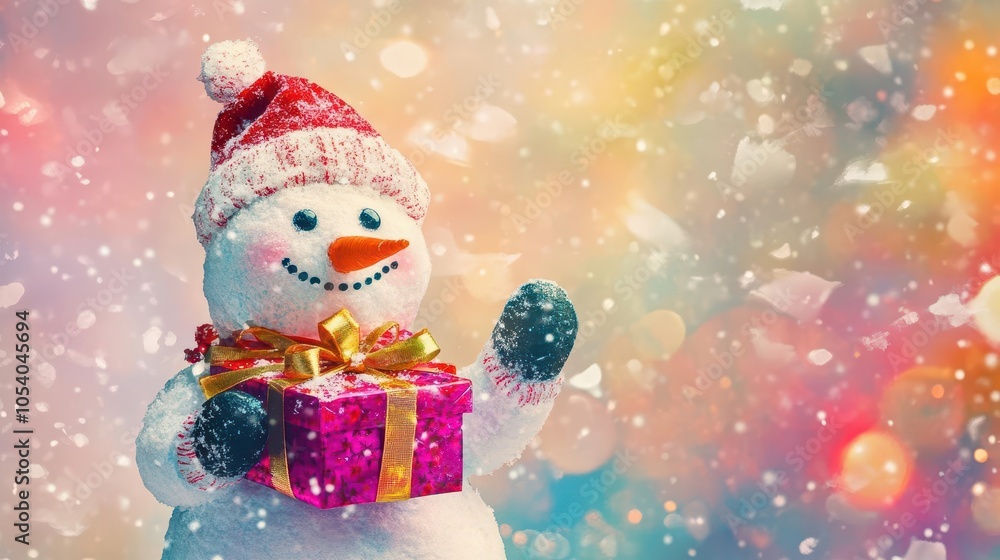 Fototapeta premium Happy snowman with gift box, vibrant holiday background, watercolor style