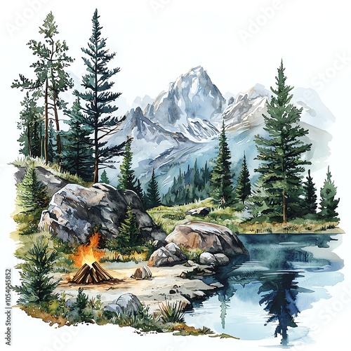 Mountain scenery with trees and tent.
