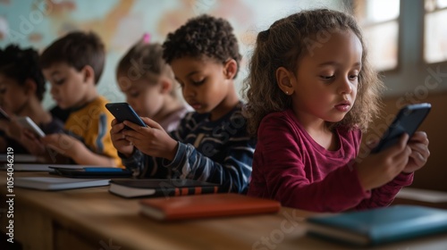 Children intensely engaged with their smartphones in a classroom, surrounded by notebooks