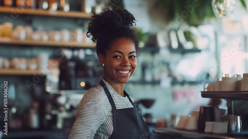 A smiling waitress taking an order from customers at a busy cafe