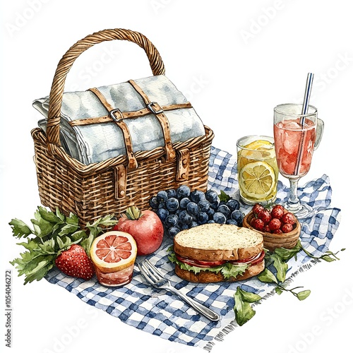 Isolated on white, picnic items and food in watercolor, featuring a picnic basket, sandwiches, fruit, lemonade, and a checkered blanket.