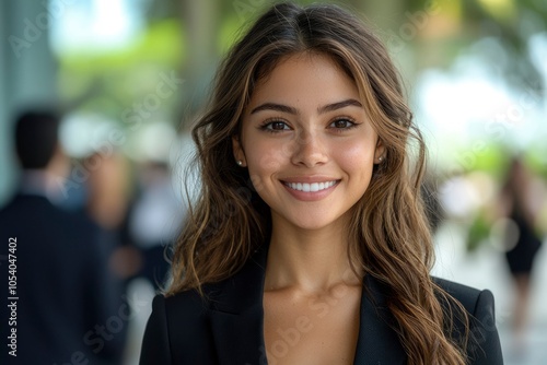 Portrait of a Smiling Woman with Long Brown Hair Wearing a Black Blazer photo