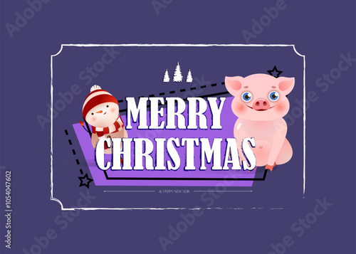 Merry Christmas lettering with piglet and showman. Christmas greeting card. Typed text, calligraphy. For leaflets, brochures, invitations, posters or banners.