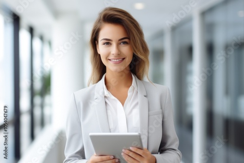 Woman in a business suit holding a tablet. She is smiling and she is happy. Concept of professionalism and confidence