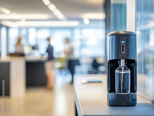 Water dispenser with a clear bottle on top of it. The dispenser is black and silver