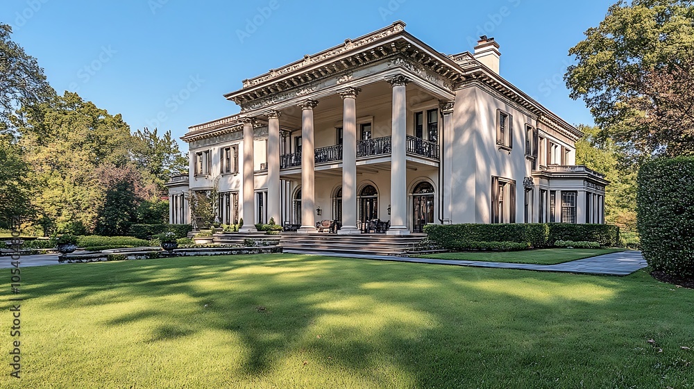 Obraz premium Classic White Mansion with Columns and Lush Greenery