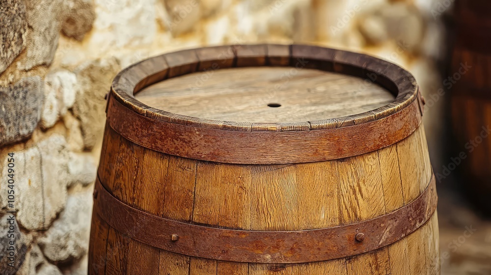 Fototapeta premium Wooden Wine Barrel Close-Up in Rustic Cellar