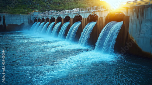 Aerial view of a hydroelectric dam showcasing the powerful flow of water. This image symbolizes renewable energy, innovation, and sustainability, emphasizing the importance of harnessing natural resou photo