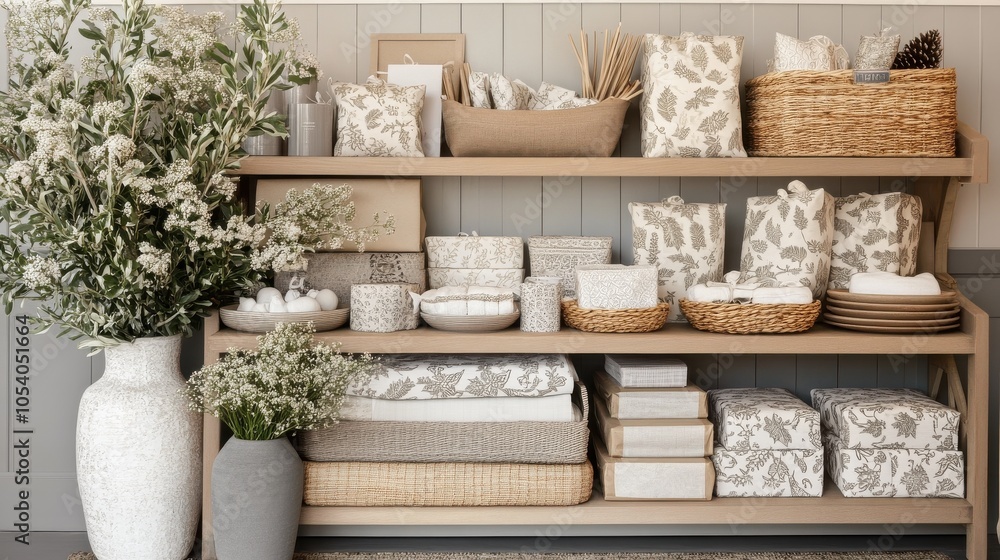 Beautifully arranged shelves with home decor items and plants Beautifully arranged shelves with home decor items and plants