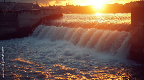 Aerial view of a hydroelectric dam showcasing the powerful flow of water. This image symbolizes renewable energy, innovation, and sustainability, emphasizing the importance of harnessing natural resou photo