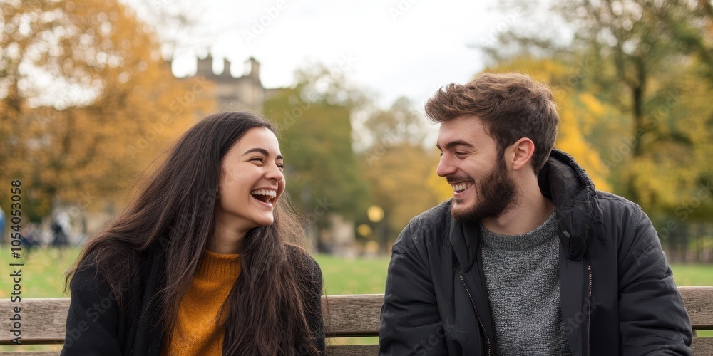 Obraz premium Happy couple laughing together in a park during autumn.