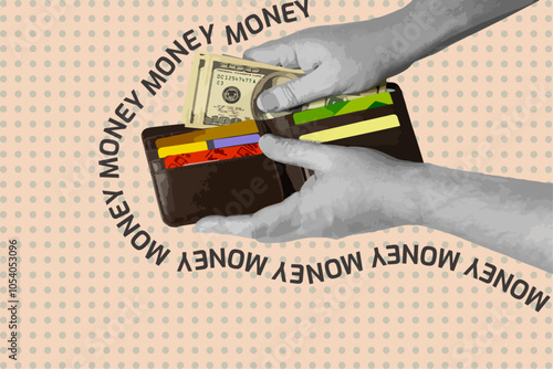 Hands take money out of the wallet. Fashionable halftones collage business concept. Concept of saving, saving, saving, collecting money. Trendy modern retro illustration on financial theme.