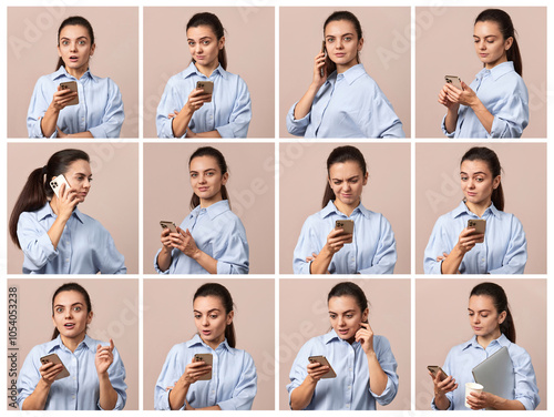 collage of pretty woman using mobile phone on beige background. photo