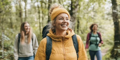 Happy woman hiking in the forest with friends, surrounded by greenery.