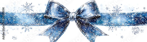 A beautiful blue ribbon with a snowflake design, perfect for festive decorations and gift wrapping during the winter season. photo