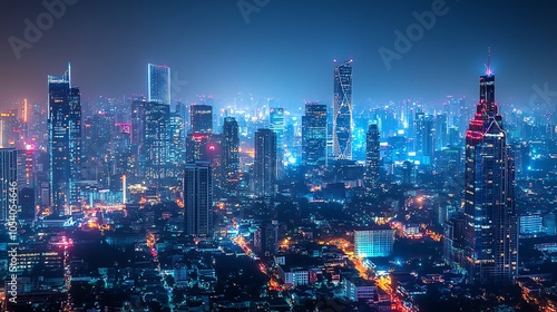 Wallpaper Mural City skyline at night with neonlit network connections spanning across buildings, depicting urban big data infrastructure Torontodigital.ca