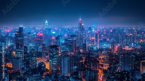 Wallpaper Mural City skyline at night with neonlit network connections spanning across buildings, depicting urban big data infrastructure Torontodigital.ca