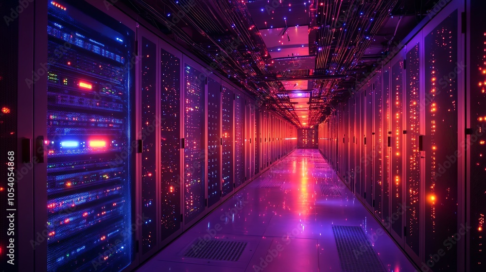 Fototapeta premium Data center interior filled with powerful servers and glowing fiberoptic cables, symbolizing highcapacity big data storage