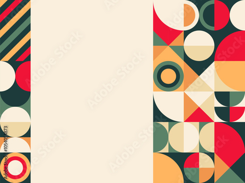 Retro Geometric Frame Background with Colorful Circular and Triangular Patterns on Beige Canvas