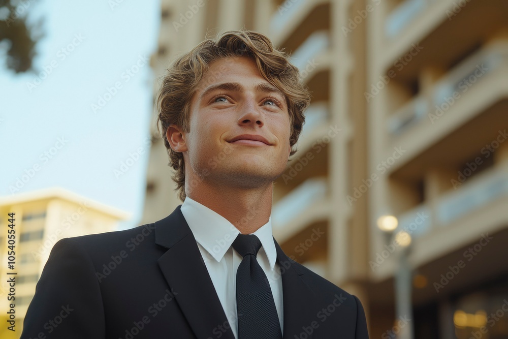 A Young Man in a Suit Looking Upward with a City Background A Young Man in a Suit Looking Upward with a City Background