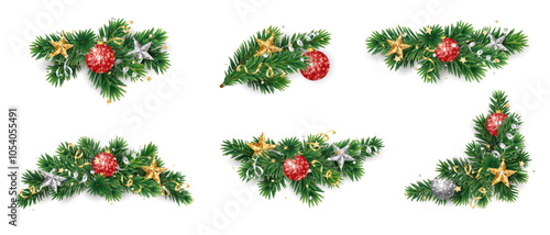 Christmas tree branches. Holiday fir tree divider decoration. Winter season borders, realistic spruce twigs with Christmas glitter red and gold ornaments. Transparent background in vector file.