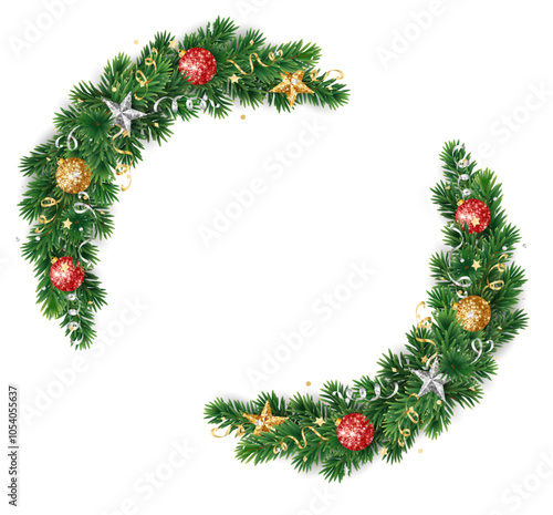 Wallpaper Mural Christmas wreath with gold and red glitter ornaments. Christmas tree decoration. Holiday fir tree garland. Festive winter season frame, spruce branches. Transparent background in vector file. Torontodigital.ca