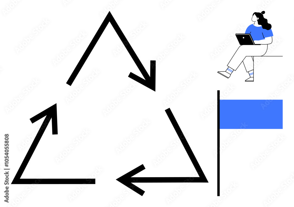 Woman seated with laptop near large recycling arrows symbolizing sustainability, beside a blue flag. Ideal for eco-friendly initiatives, recycling programs, environmental education, sustainability Woman seated with laptop near large recycling arrows symbolizing sustainability, beside a blue flag. Ideal for eco-friendly initiatives, recycling programs, environmental education, sustainability
