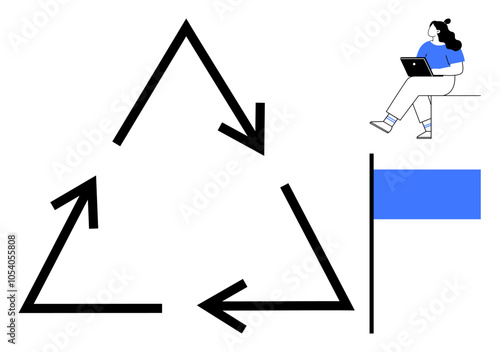 Woman seated with laptop near large recycling arrows symbolizing sustainability, beside a blue flag. Ideal for eco-friendly initiatives, recycling programs, environmental education, sustainability