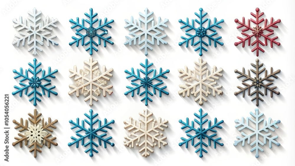 Fifteen colorful snowflakes casting shadows on a white background create a festive christmas pattern Fifteen colorful snowflakes casting shadows on a white background create a festive christmas pattern
