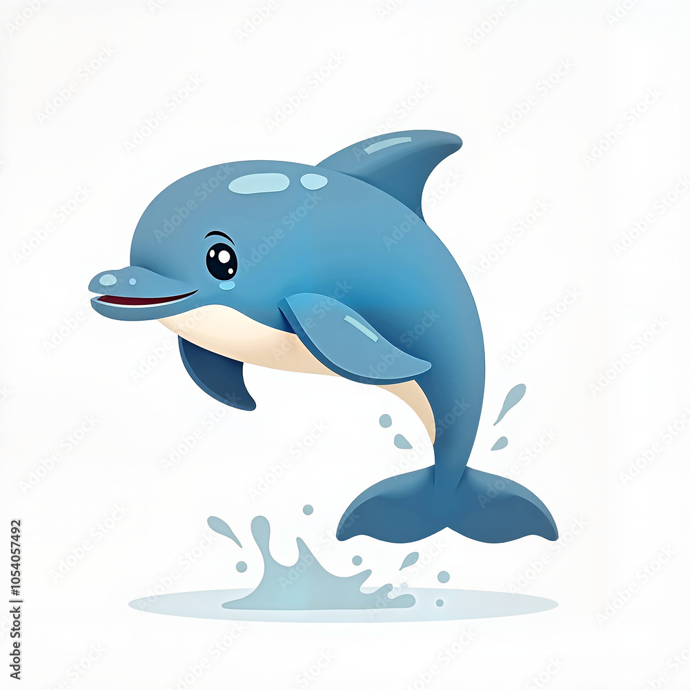 Fototapeta premium Cheerful Cartoon Dolphin Jumping in Blue and White Playful Illustration