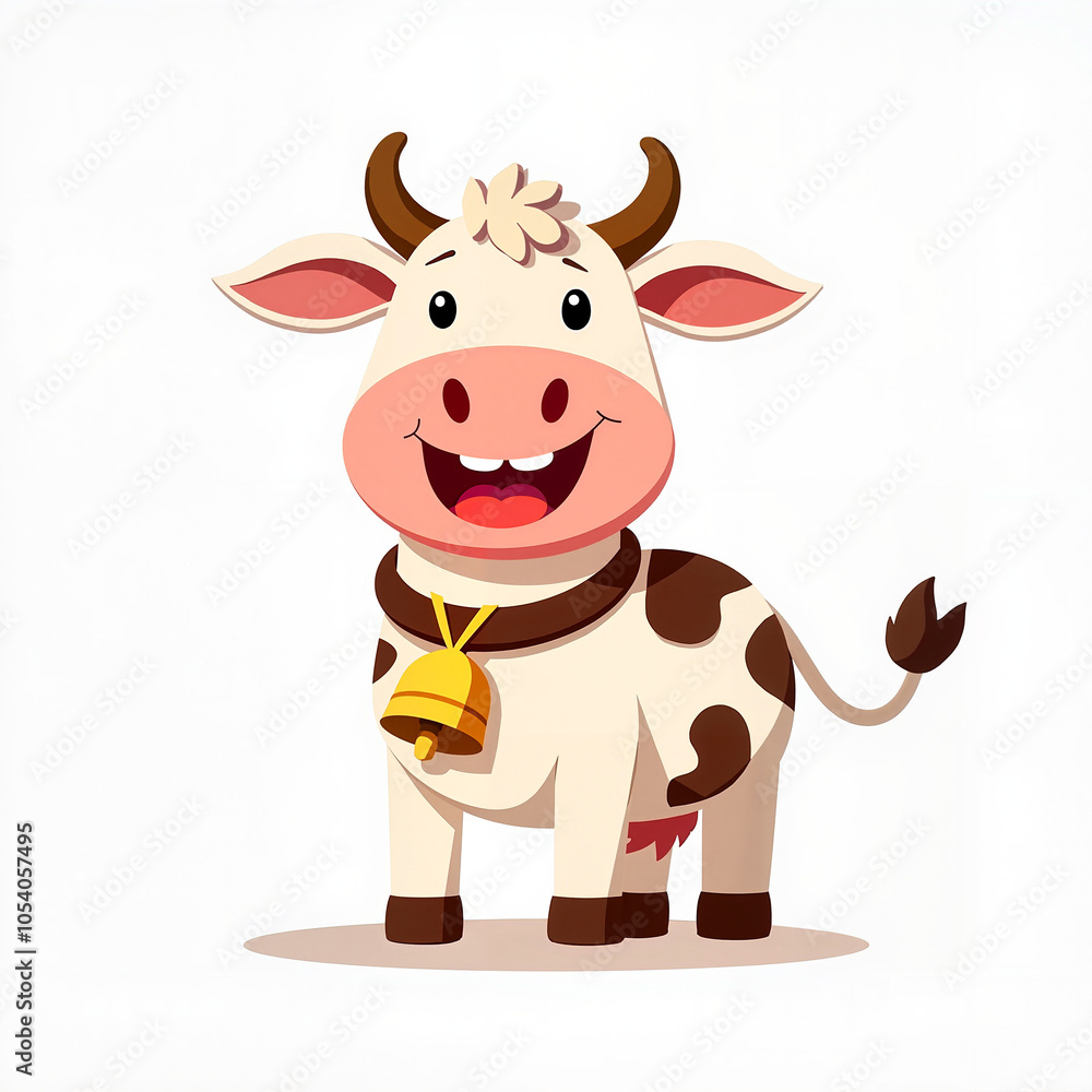 Obraz premium Cheerful Cartoon Cow Smiling with Bell Against White Background
