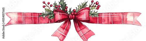 A festive red ribbon adorned with greenery and berries, perfect for holiday decorations and seasonal crafts.