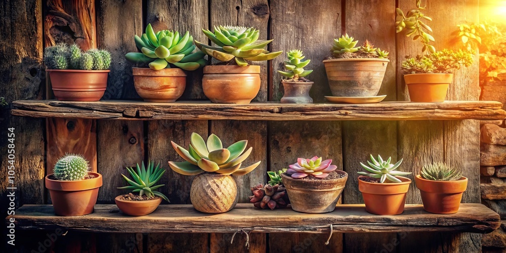 Fototapeta premium Rustic Wooden Shelves Displaying an Array of Succulents in Terracotta Pots Against a Sun-Drenched Wooden Background