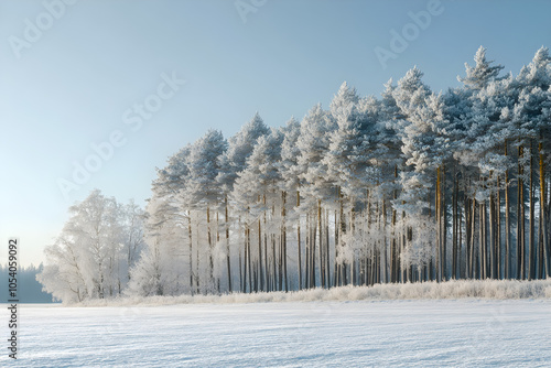 Beautiful winter forest landscape with tall trees covered in snow at sunset. AI generative.	 photo