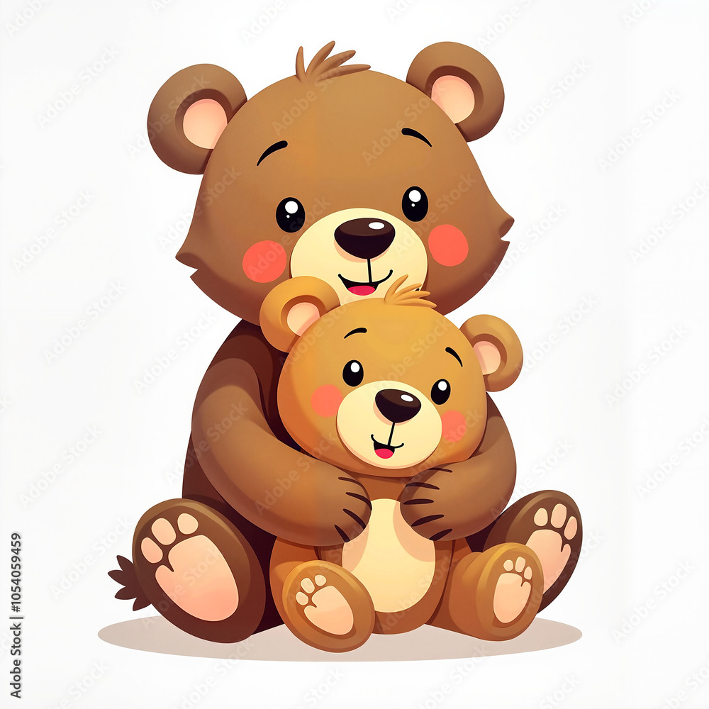 Fototapeta premium Cute Cartoon Bears Lovingly Embracing Against White Background